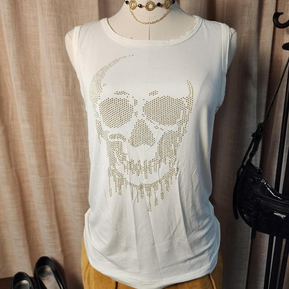 Vocal Sleeveless Top Small Cream Gold Rhinestone Skull Graphic Tank USA